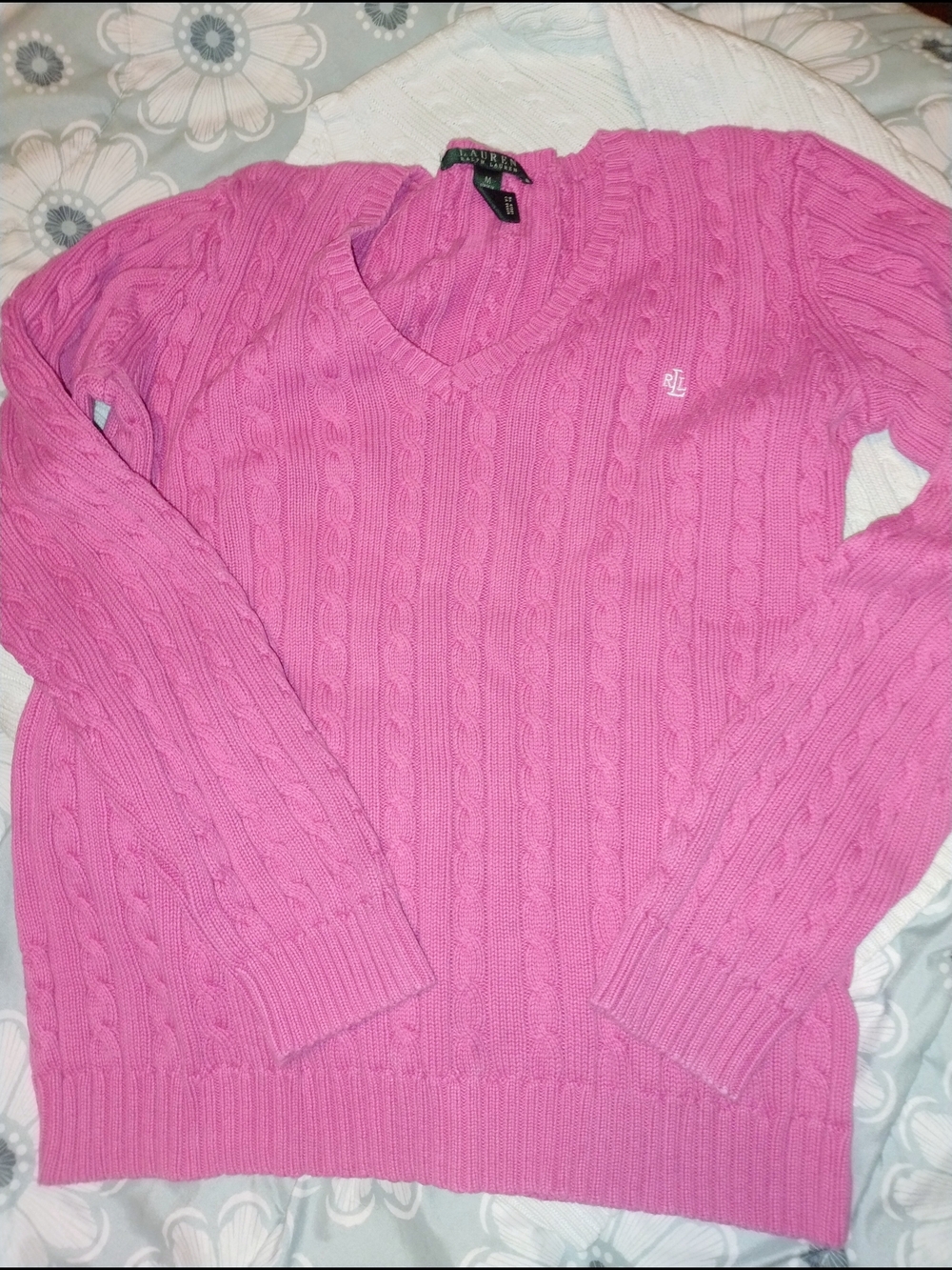 Ralph Lauren Pink Cable-Knit V-Neck Sweater - Women's